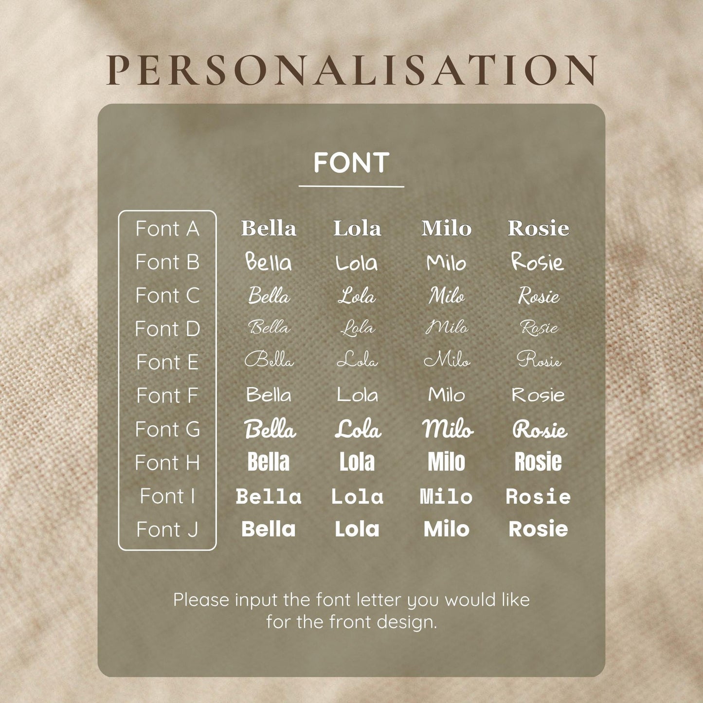 Font selection chart for personalization on a textured beige background