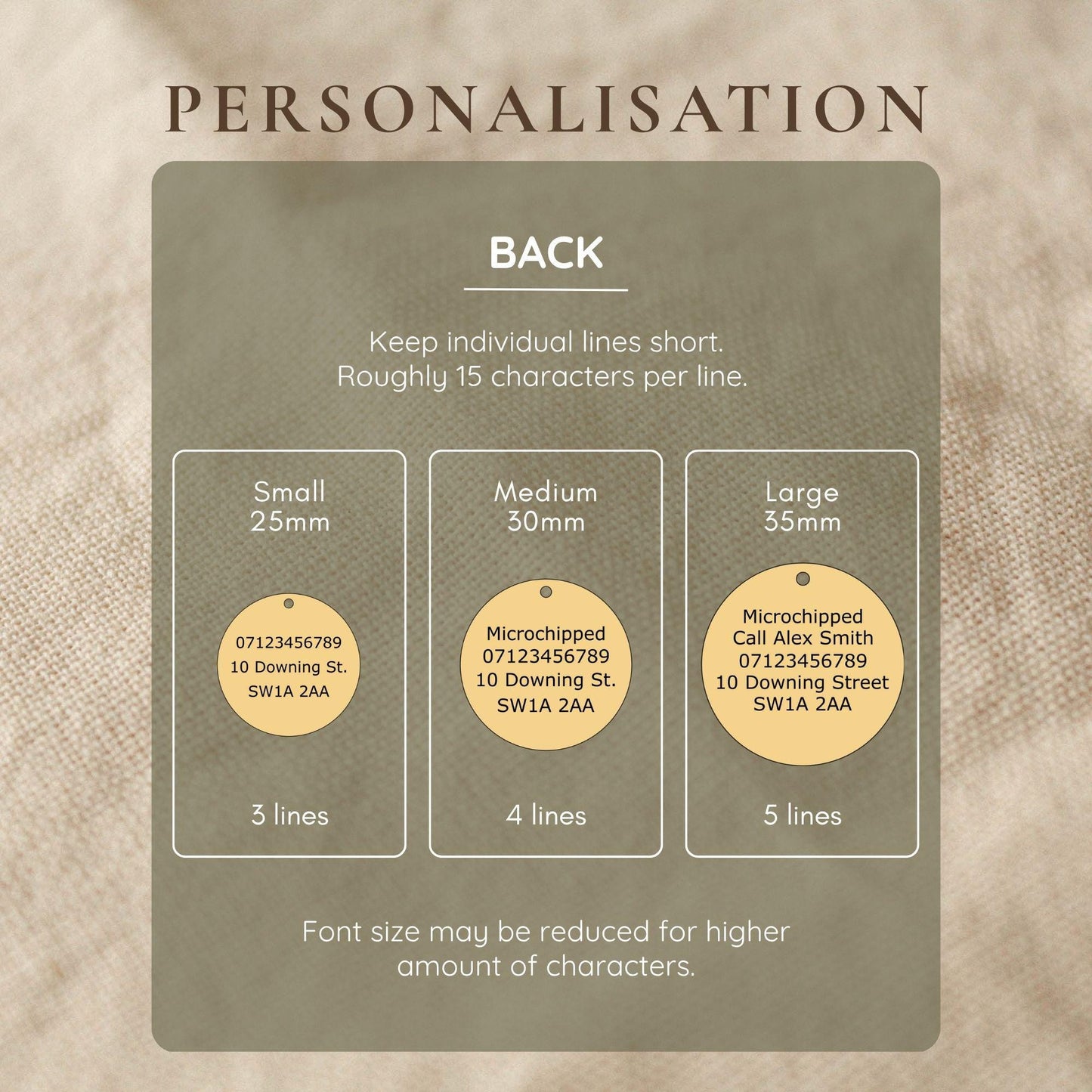 Personalisation guide for engraved tags with size and character length information.