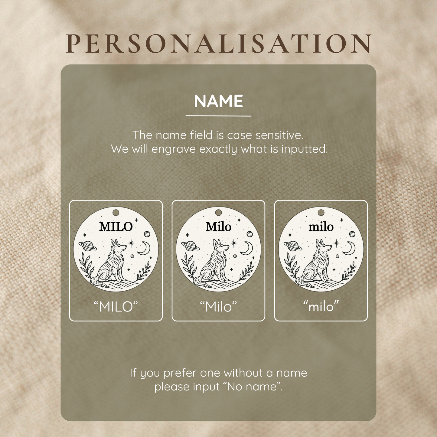 Personalisation card with engraved dog tag design and name field on a textured beige background.