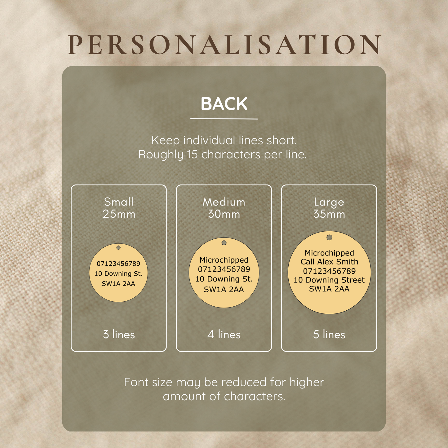 Personalisation guide for pet id tags with different size options on a textured beige background.