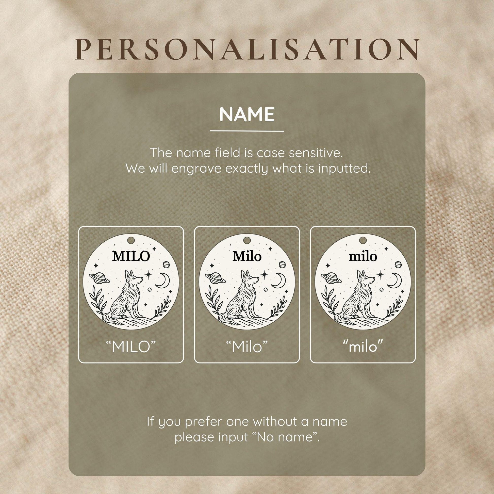 Personalisation guide for engraved dog tags with name options on a textured beige background.