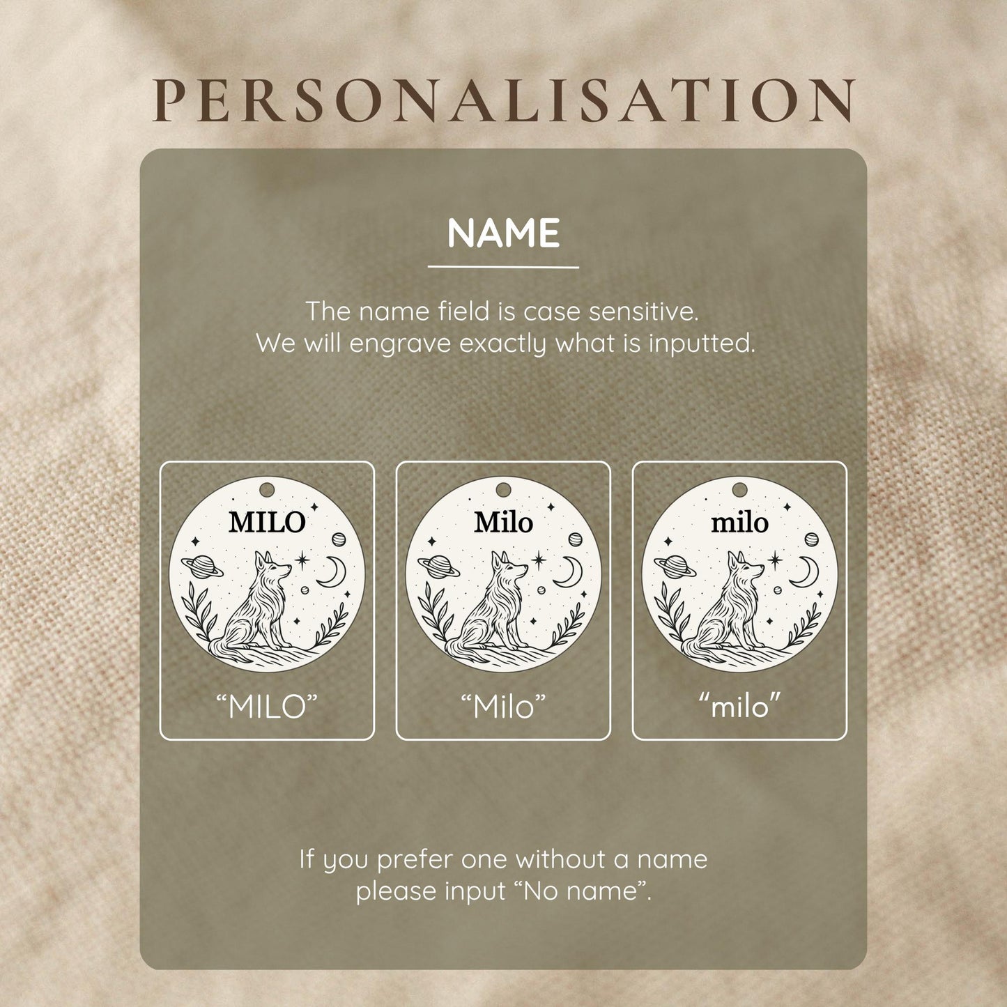 Personalisation guide for engraved dog tags with customizable names on a textured beige background.