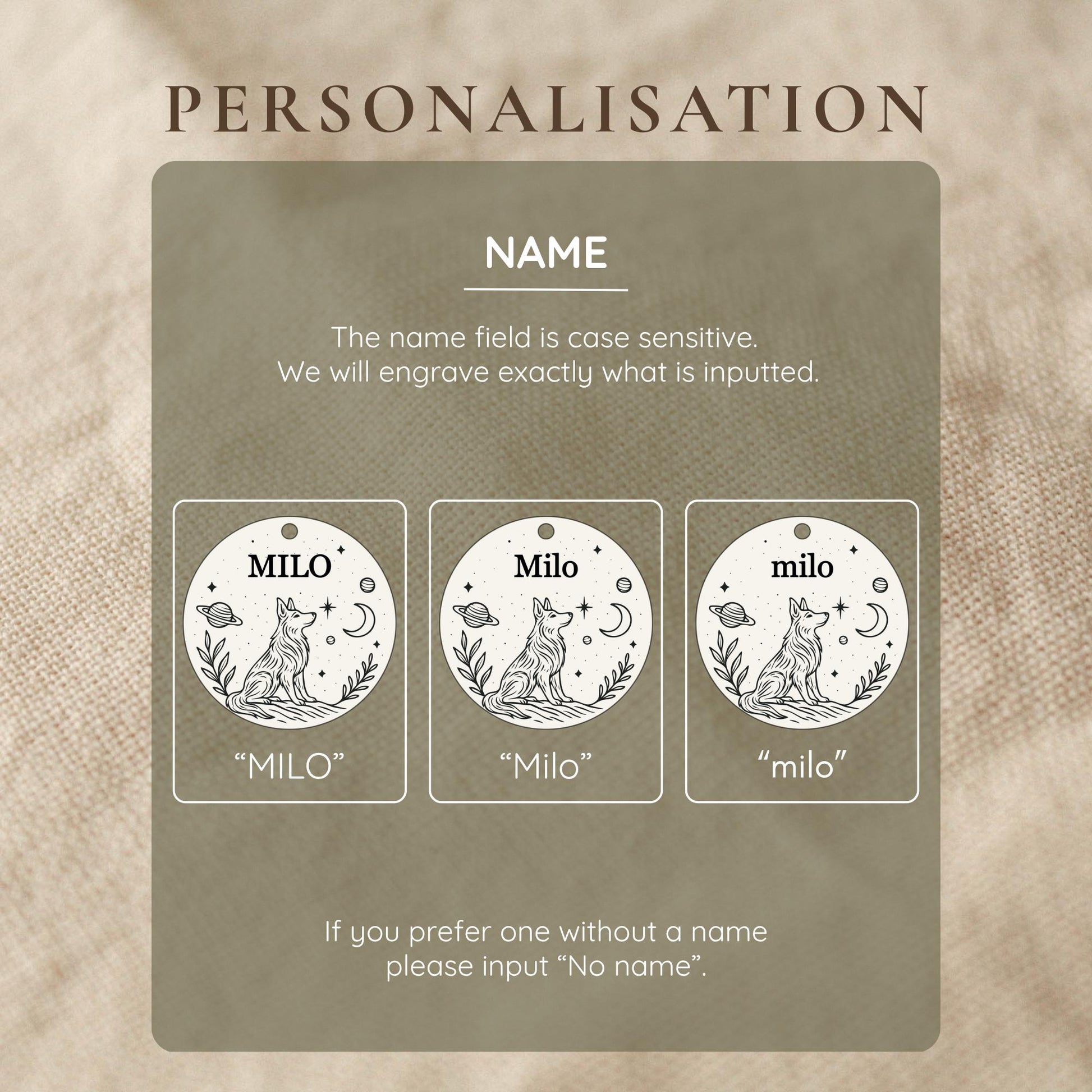 Personalisation guide for engraved dog tags with customizable names on a textured beige background.