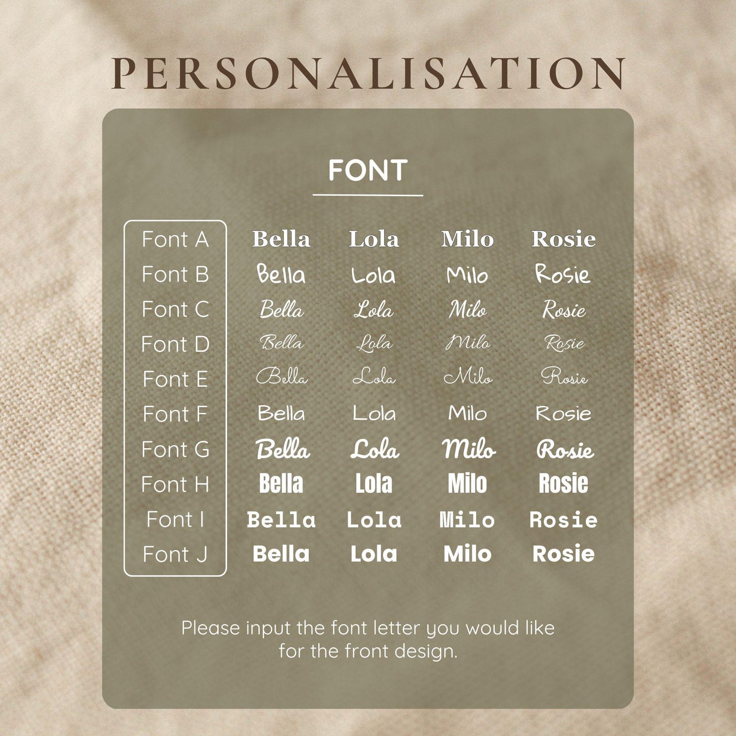 Personalisation chart for fonts on a textured beige background