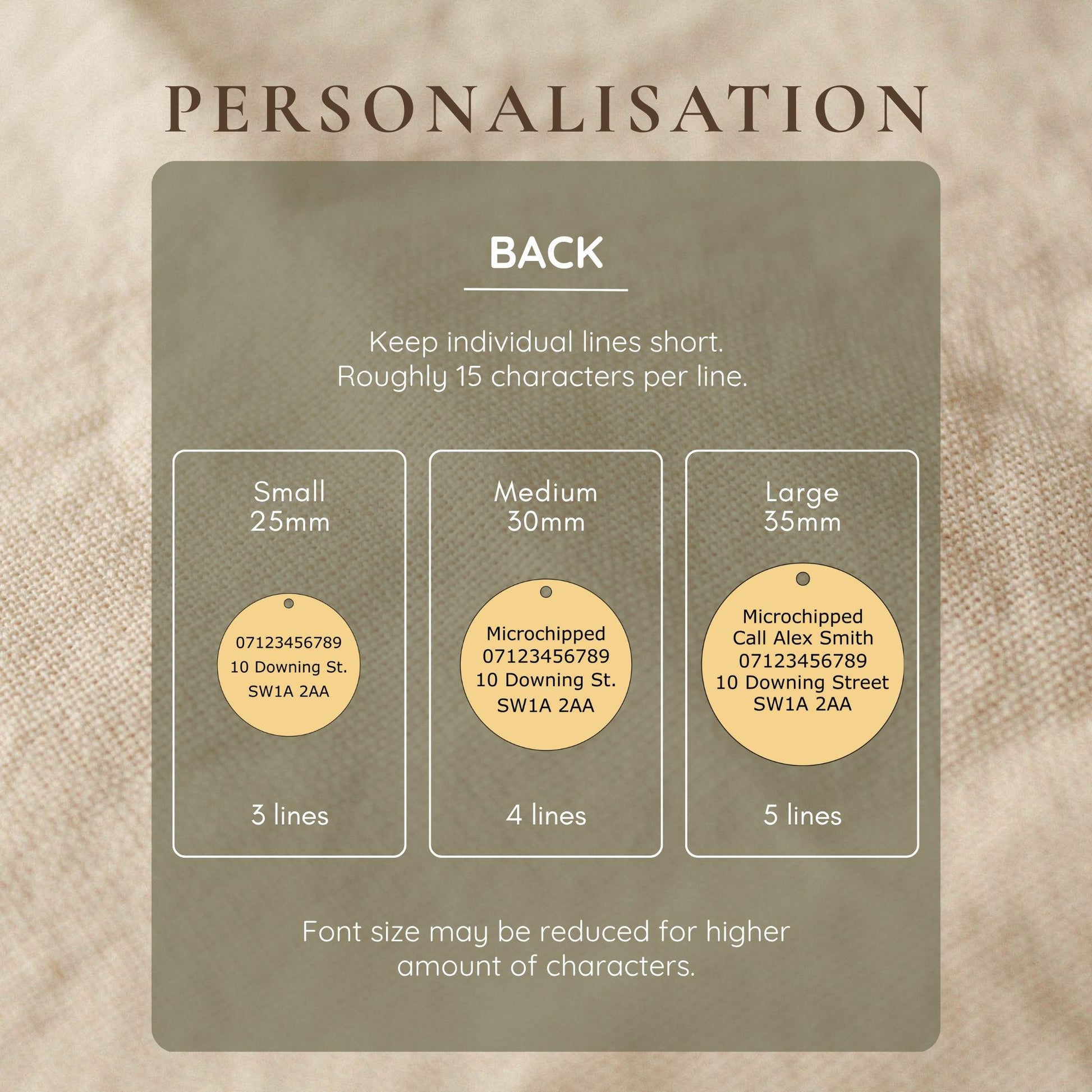 Personalisation guide for labels with different size options on a textured beige background.