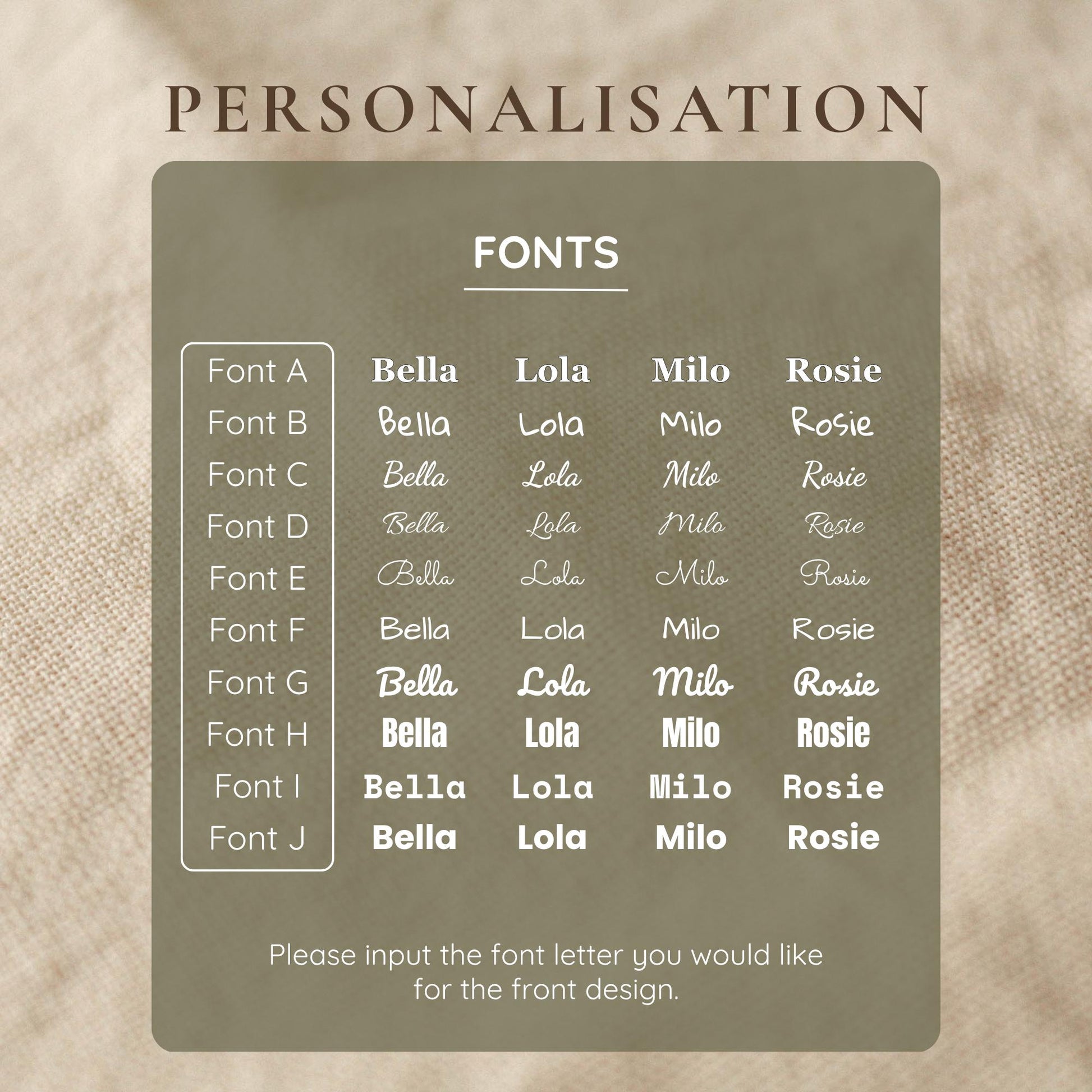 Personalisation chart for fonts with options Bella, Lola, Milo, and Rosie on a textured beige background.
