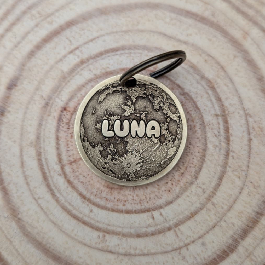 Brass Pet ID Tag with 'LUNA' engraved on a wooden surface