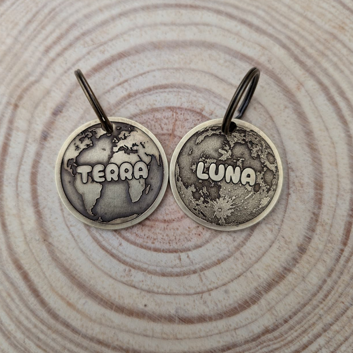 Pair of Pet ID Tags with 'Terra' and 'Luna' inscriptions on a wooden surface
