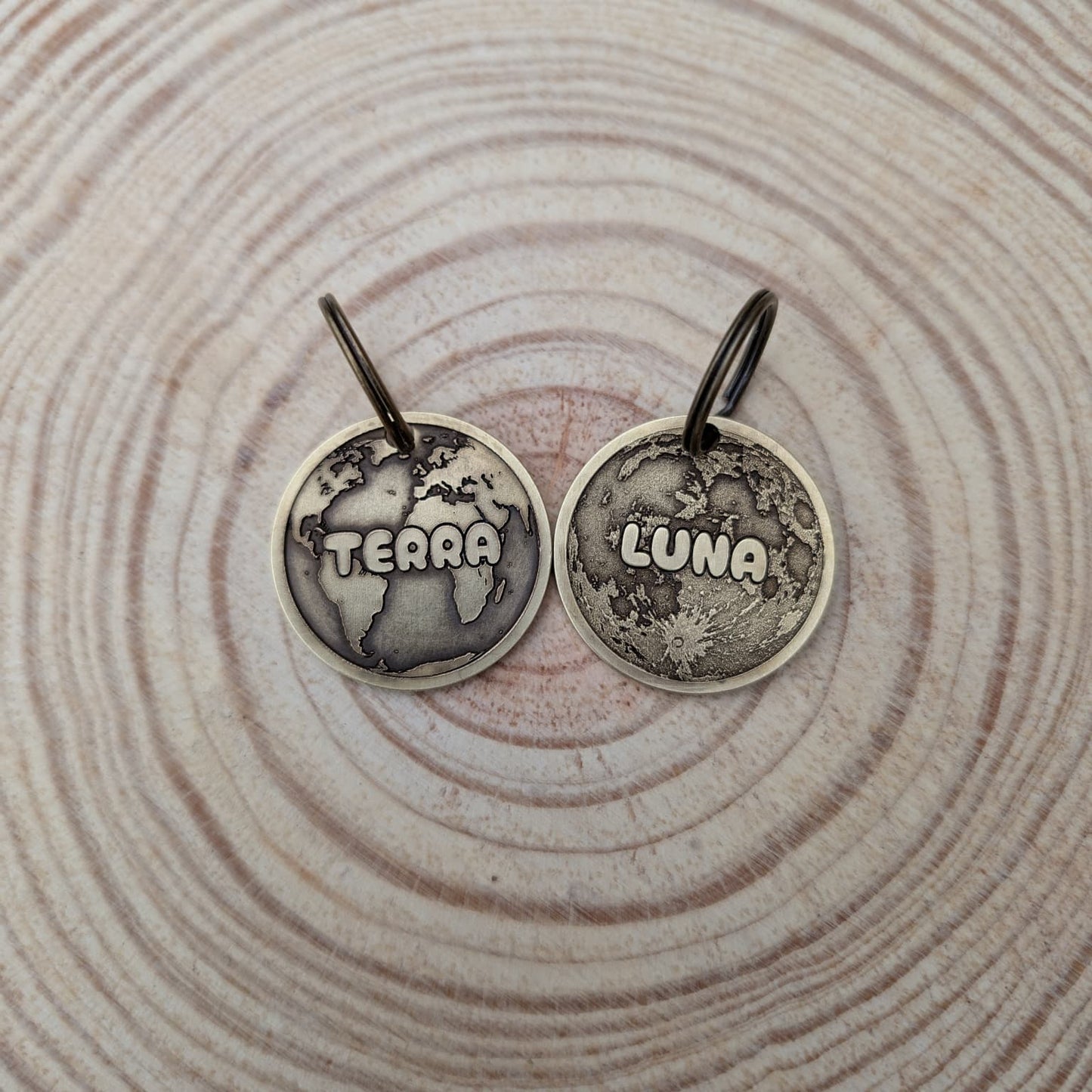 Pair of Brass Pet ID Tags with 'Terra' and 'Luna' inscriptions on a wooden surface