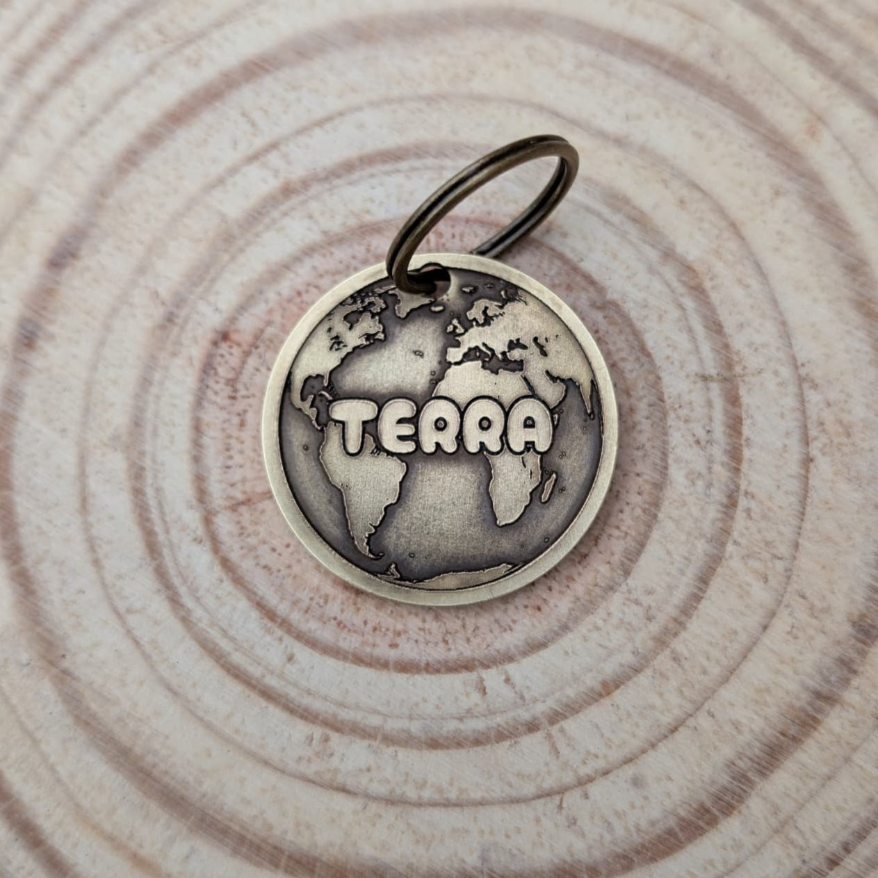 Brass Pet ID Tag with world map design and 'TERRA' text on a wooden surface