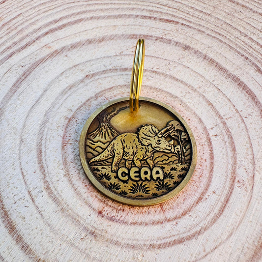 Brass pet id tag with a deep engraved dinosaur design and pet name on a wooden surface
