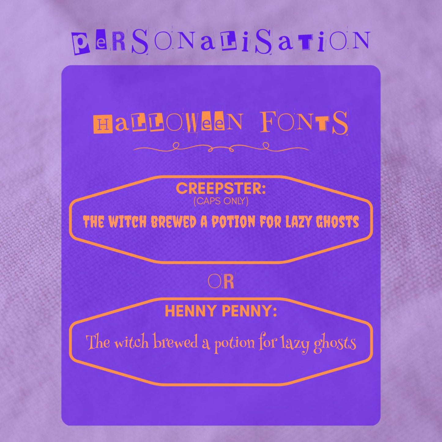 Purple card with Halloween-themed fonts options and orange text on a purple background