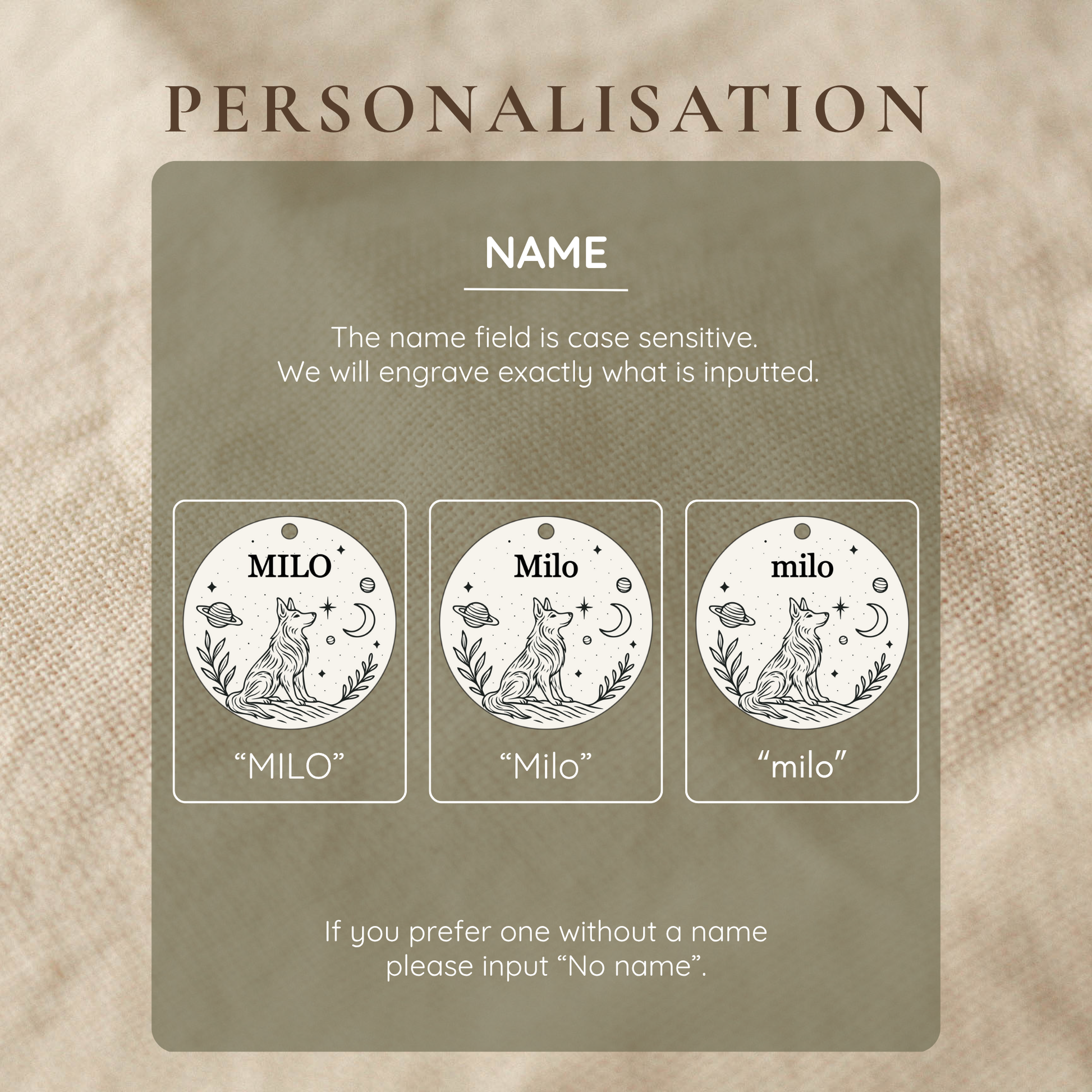 Personalisation card with engraved dog tag design and name field on a textured beige background.