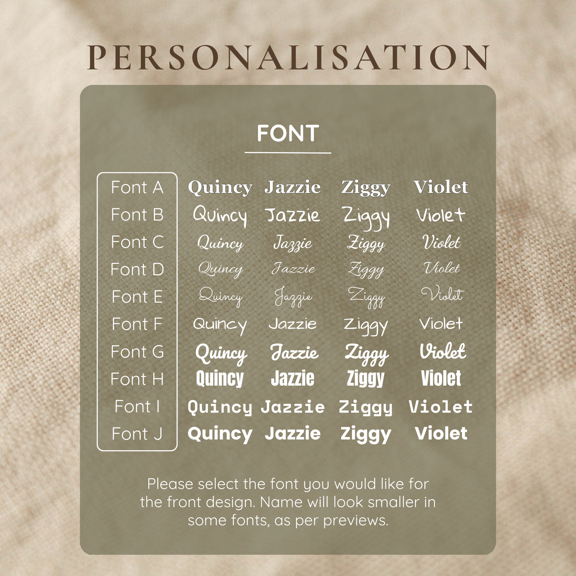 Font selection chart for personalization on a textured beige background